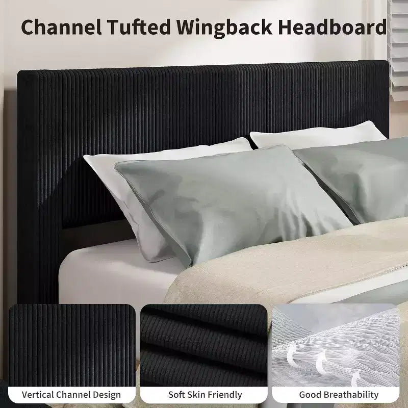CuisinSmart corduroy bedframe met hoofdbord, gestoffeerd platformbed met 4 opbergladen en houten lattenbodem