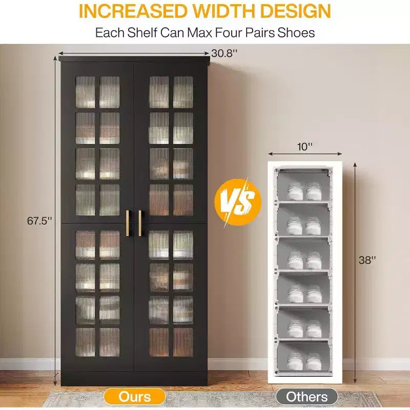 Lantine hoge schoenenkast met deuren, schoenenopbergruimte met 8 niveaus en verstelbare planken, moderne schoenenkast voor hal, garderobe of woonkamer, wit