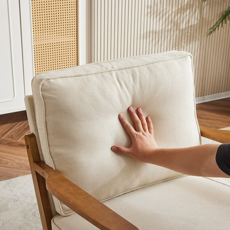 Fauteuil d'appoint rembourré en mélange de lin avec pieds en bois et un coussin, beige