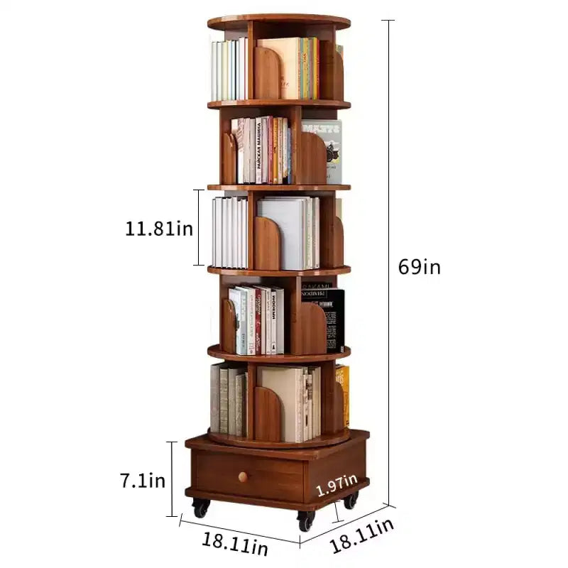Chic Crate schmales Eckbücherregal mit 6 Ebenen, 360° drehbar und mit Rollen, für kleine Räume, Walnussbraun