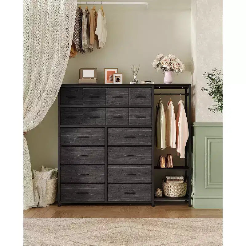 Commode avec 16 tiroirs, tringle et étagères, organisateur de rangement en tissu pour chambre, dressing ou entrée