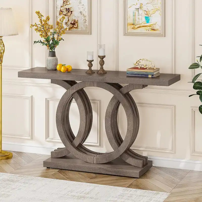 Vintage consoletafel met geometrisch onderstel, houten haltafel