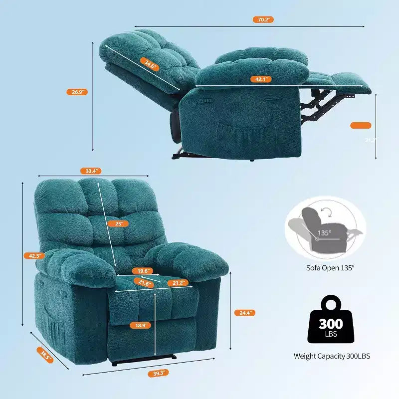 Fotel rozkładany z ręczną regulacją, ergonomiczny fotel z oddychającego materiału i kieszeniami bocznymi, jednoosobowa sofa, odpowiednia do salonu lub sypialni