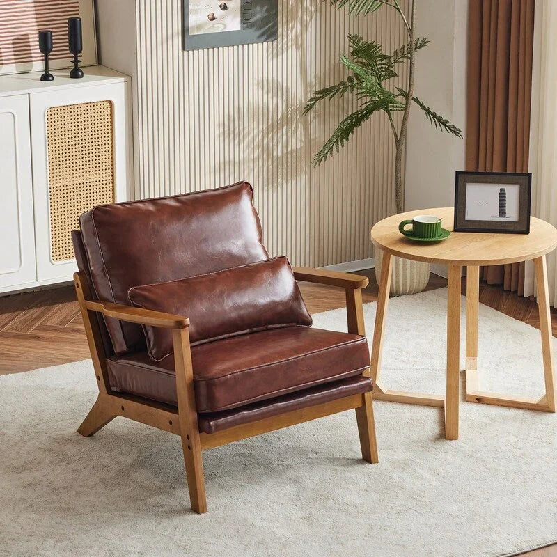 Fauteuil d'appoint rembourré en mélange de lin avec pieds en bois et un coussin, beige