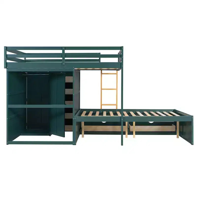 Stapelbed met twee volledige bedden, opbergkast en laden, houten ruimtebesparend stapelbed van volledig formaat met veiligheidshekje voor appartement of slaapkamer