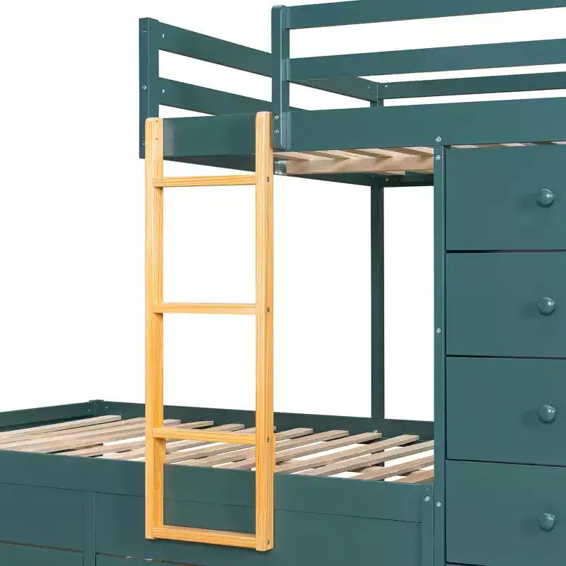 Stapelbed met twee volledige bedden, opbergkast en laden, houten ruimtebesparend stapelbed van volledig formaat met veiligheidshekje voor appartement of slaapkamer