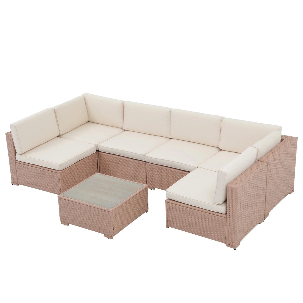 7-delige outdoor loungeset van vlechtwerk en staal met kussens