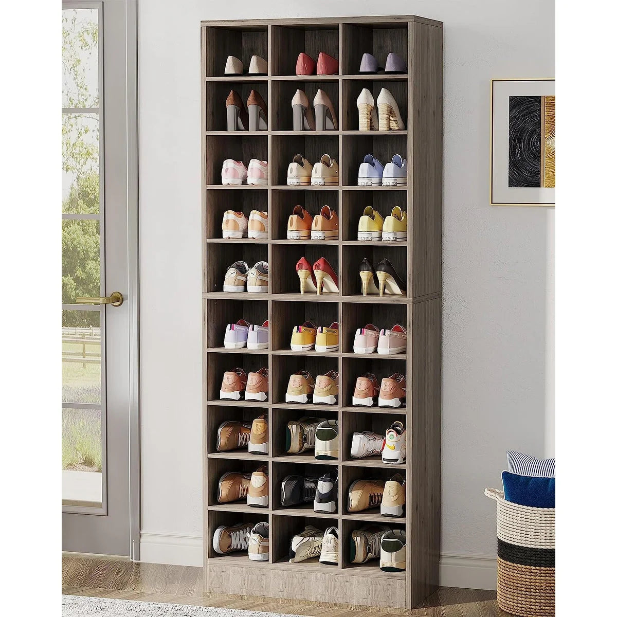 Hoge schoenenkast voor 30 paar schoenen, 10 etages, wit houten schoenenrek voor kledingkast en hal - 10 etages