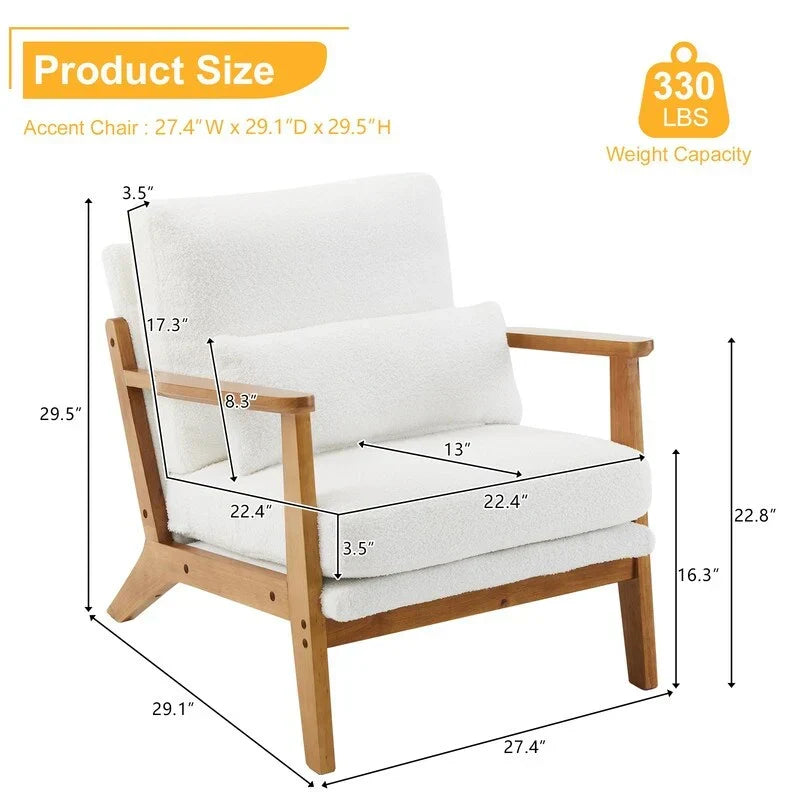Fauteuil d'appoint rembourré en mélange de lin avec pieds en bois et un coussin, beige