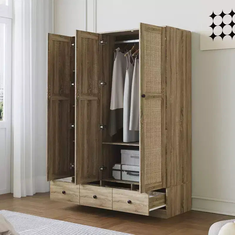 Armoire en rotin Famapy avec 3 tiroirs, placard à 3 portes en rotin respirant, grande armoire de rangement de style champêtre pour chambre