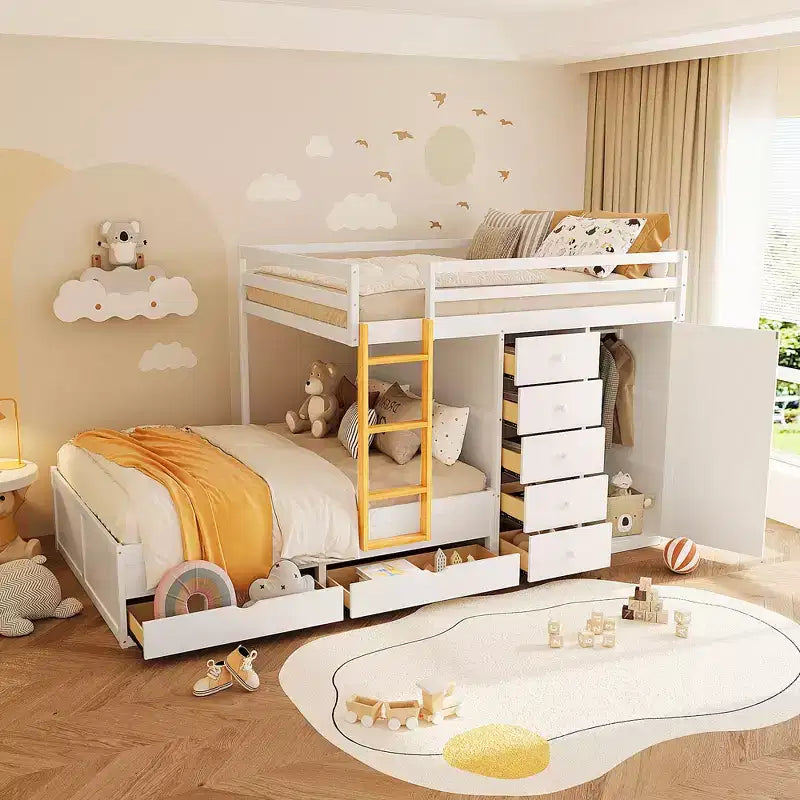 Stapelbed met twee volledige bedden, opbergkast en laden, houten ruimtebesparend stapelbed van volledig formaat met veiligheidshekje voor appartement of slaapkamer