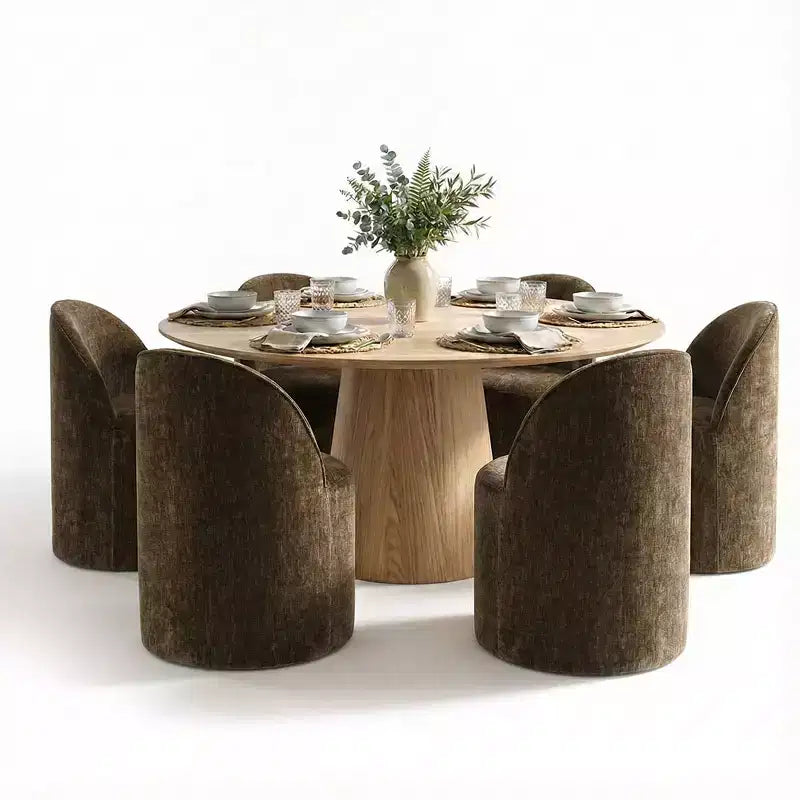 Modernes Esszimmer-Set für 6 Personen, runder Esstisch mit Säulenfuß, drehbare Fassstühle mit Rollen, Chenille-Strukturstoff – Panipeachy