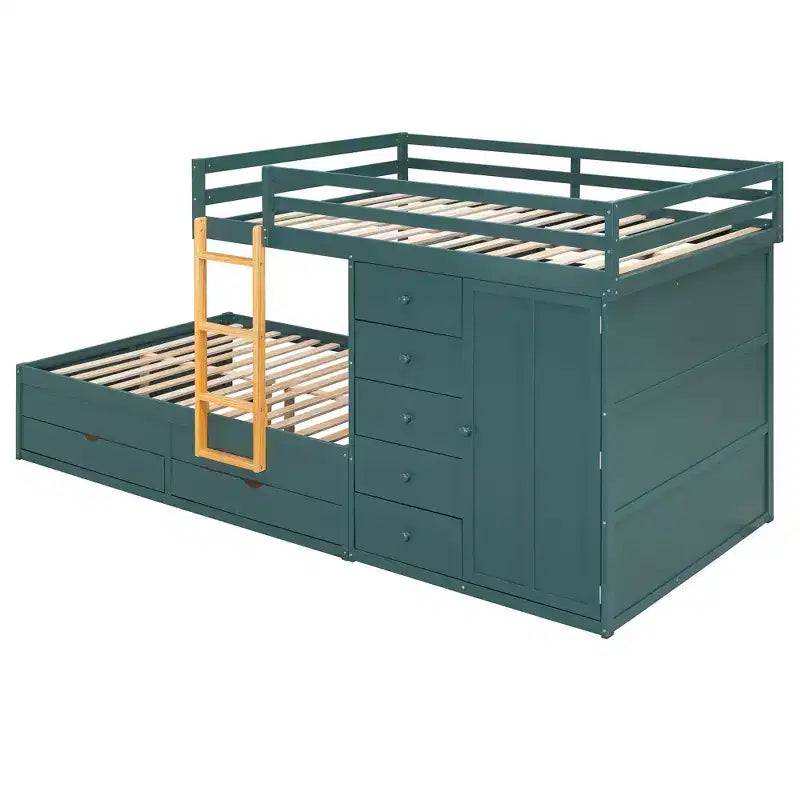 Stapelbed met twee volledige bedden, opbergkast en laden, houten ruimtebesparend stapelbed van volledig formaat met veiligheidshekje voor appartement of slaapkamer