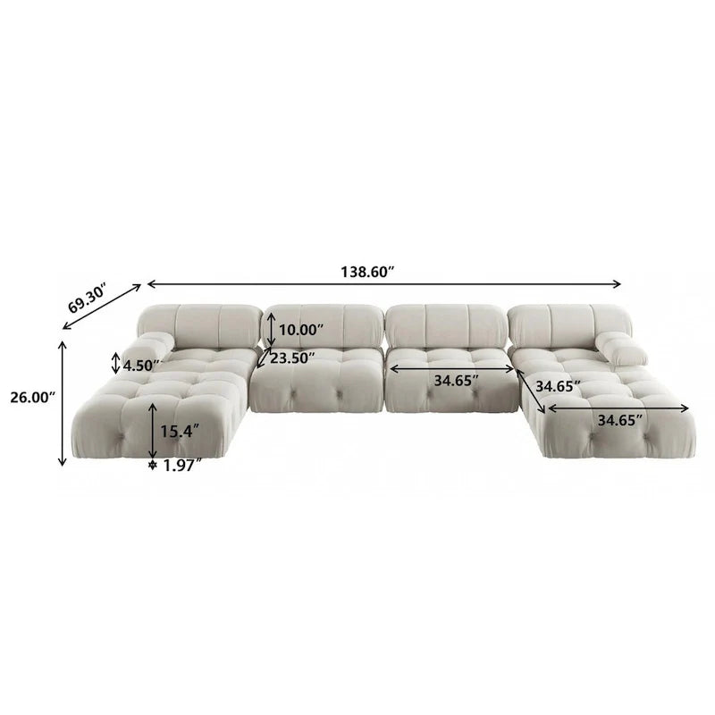 138 modulaire omkeerbare hoekbank, U-vormige minimalistische fluwelen bank
