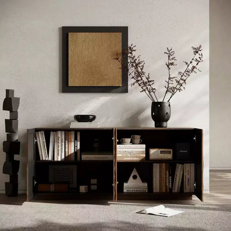 59 moderner Spiralen-Sideboard-Schrank, niedriges dekoratives Aufbewahrungsmöbel für den Eingangsbereich mit Türen in 3D-Wellenoptik