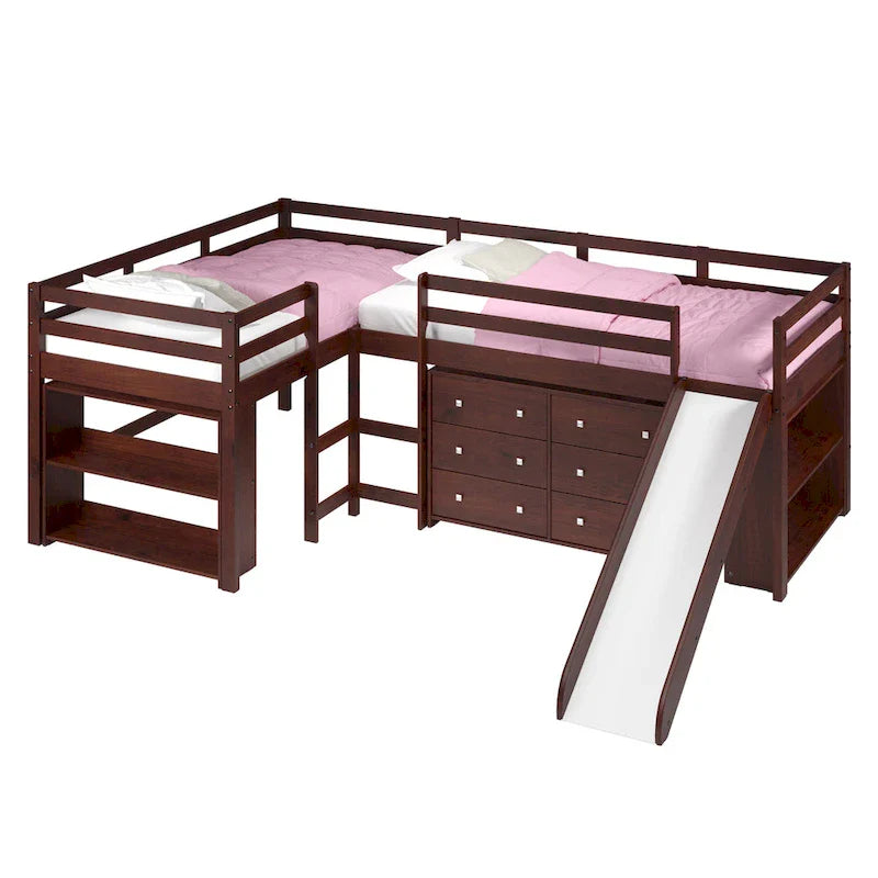 L-förmiges Doppel-Twin-Hochbett-Set mit Rutsche in dunklem Cappuccino