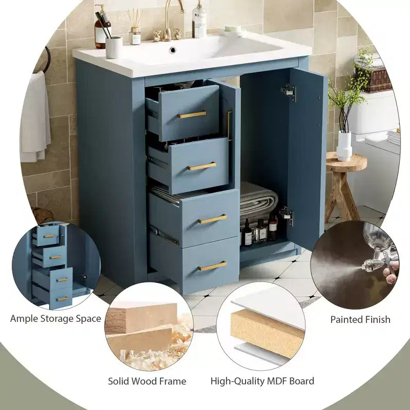 Meuble-lavabo de salle de bains simple de 30 pouces avec meuble et 3 tiroirs ??Noir / Bleu / Vert / Indigo / Blanc