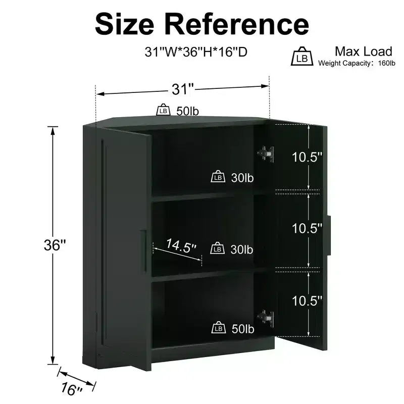 Dovelina hoekkast met verstelbare planken, dressoir, buffetkast, wijnkast en keuken- en eetkamerkast met houten deuren – 31H x 31W, 36H x 31W