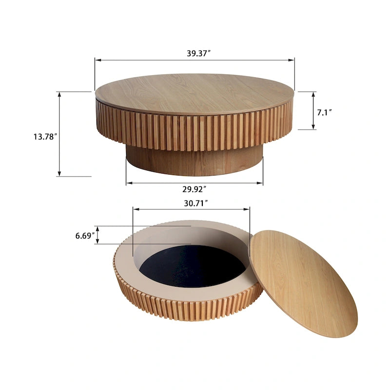 Table basse ronde moderne en bois massif plaqué avec rangement
