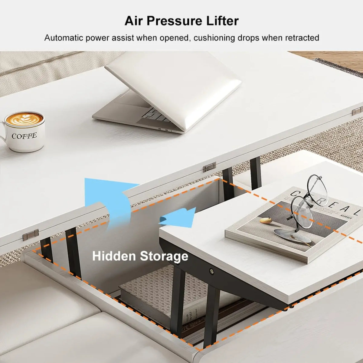 Table basse pliable à plateau relevable avec 4 tabourets et espace de rangement