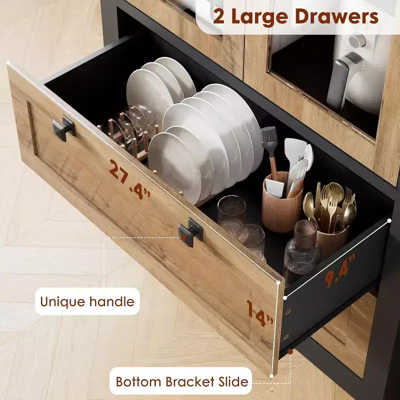 Armoire de rangement de cuisine style champêtre avec portes vitrées, meuble de rangement de 72 pouces avec tiroirs et étagères réglables pour la salle à manger, la salle de bains ou le salon