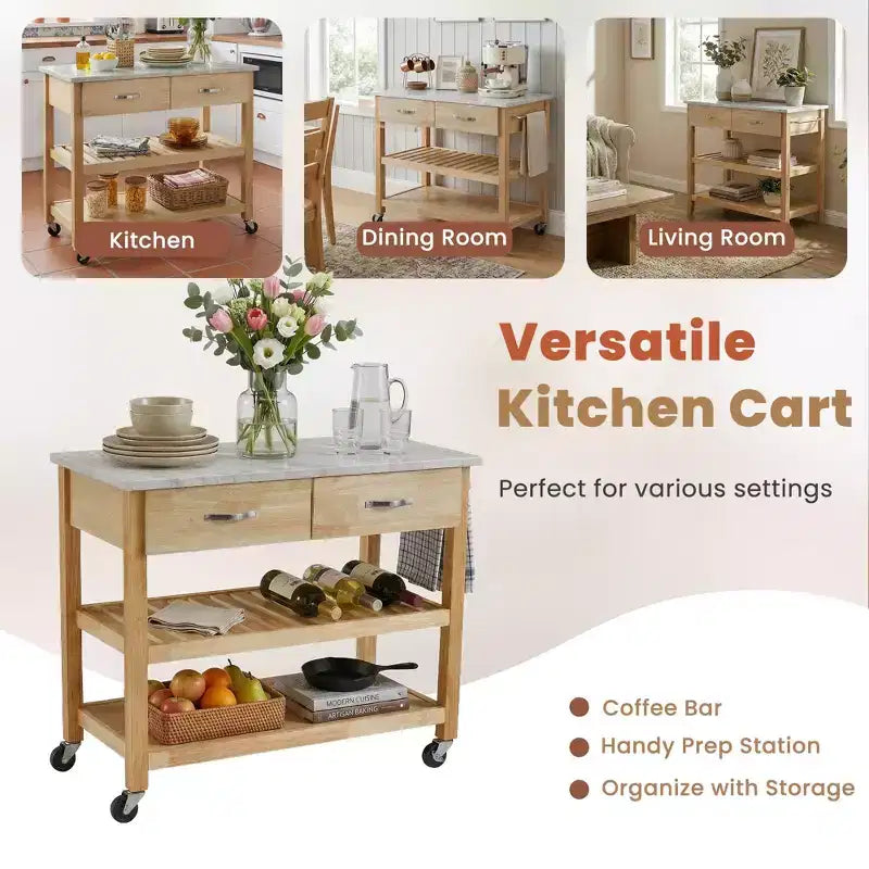 Rollende keukenkar met marmeren blad, massief houten keukeneiland met 2 laden, 3-laagse keukentrolley met vergrendelbare afneembare wielen en handdoekrek