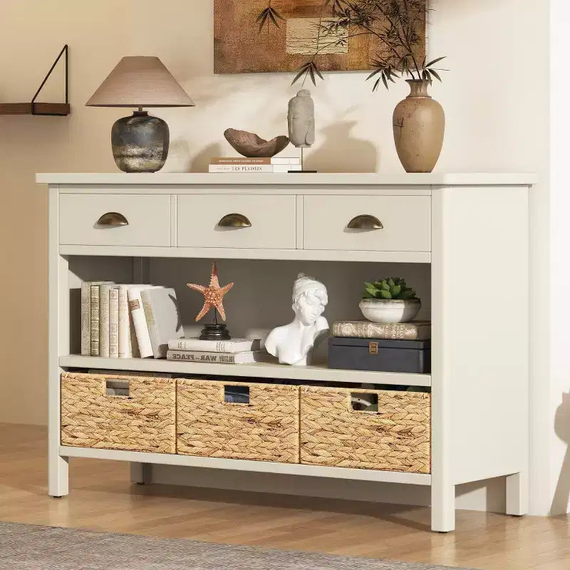 Haltafel voor de entree met opbergruimte, landelijke gangtafel met 3 laden en 3 manden van waterhyacint voor de woonkamer of hal - Panipeachy