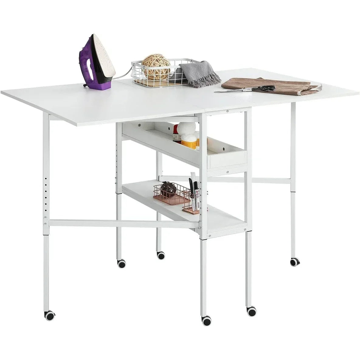 Höhenverstellbarer Basteltisch mit Ablagefächern, mobiler, klappbarer Zuschneidetisch für Homeoffice, Näh- oder Bastelzimmer