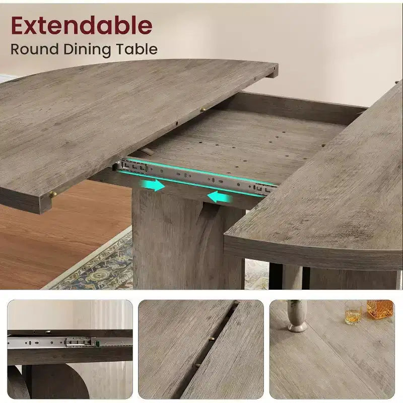 Ausziehbarer runder Esstisch, 47–63 Zoll, für 4–8 Personen, ausziehbarer Küchen- und Esstisch aus Holz im Landhausstil mit Metallgestell, oval, platzsparend für Wohnungen, Retro-Grau