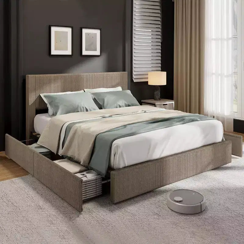 CuisinSmart Corduroy Bed Frame with Headboard, Platform Upholstered Bed Frame with 4 Storage Drawers and Wooden Slats Support