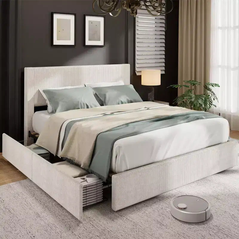 CuisinSmart corduroy bedframe met hoofdbord, gestoffeerd platformbed met 4 opbergladen en houten lattenbodem