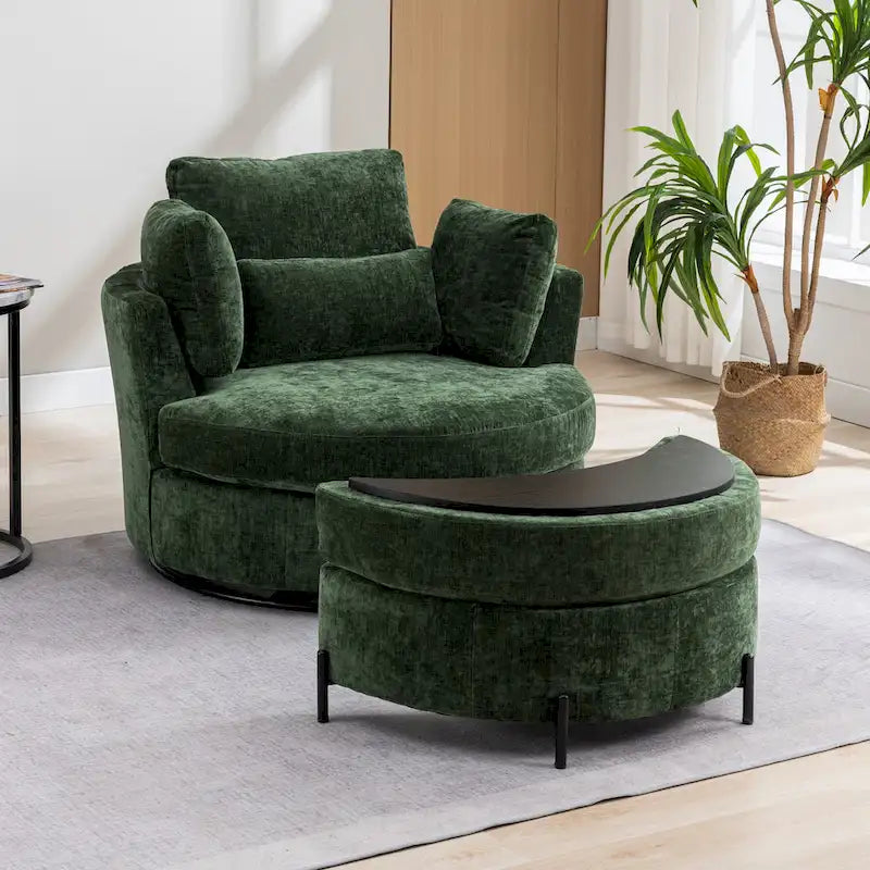 Fauteuil d’appoint pivotant rembourré de 42,3W avec 4 coussins et pouf de rangement demi-lune