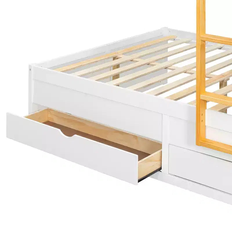 Stapelbed met twee volledige bedden, opbergkast en laden, houten ruimtebesparend stapelbed van volledig formaat met veiligheidshekje voor appartement of slaapkamer