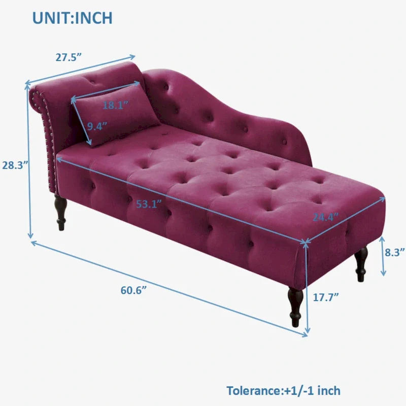 Chaise longue moderne de 60,6 po, revêtement en velours, boutons capitonnés, pieds en bois massif et clous décoratifs