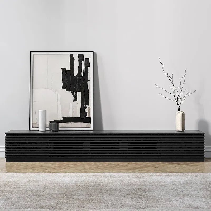 Minimalistische tv-meubel met laden, mediaconsole van massief hout met kasten, neerklapbare deur, walnootfineer, volledig gemonteerd