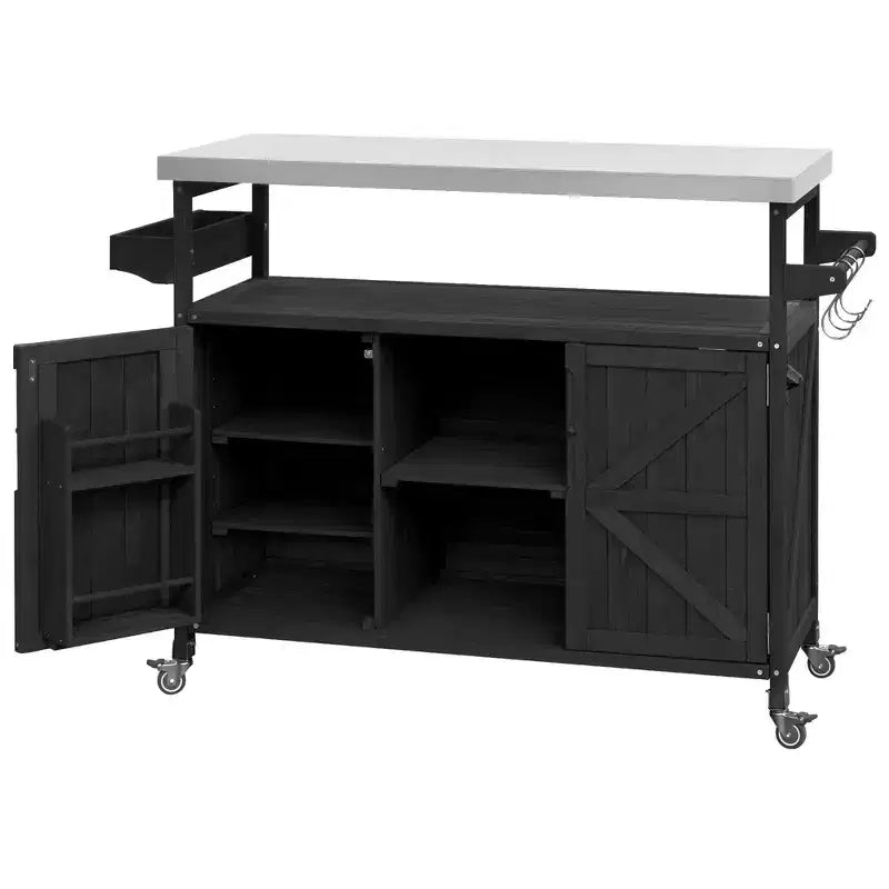 Îlot de cuisine extérieur Okak avec plateau en acier inoxydable, desserte de cuisine en bois avec portes, étagères et porte-épices, îlot de cuisine à roulettes