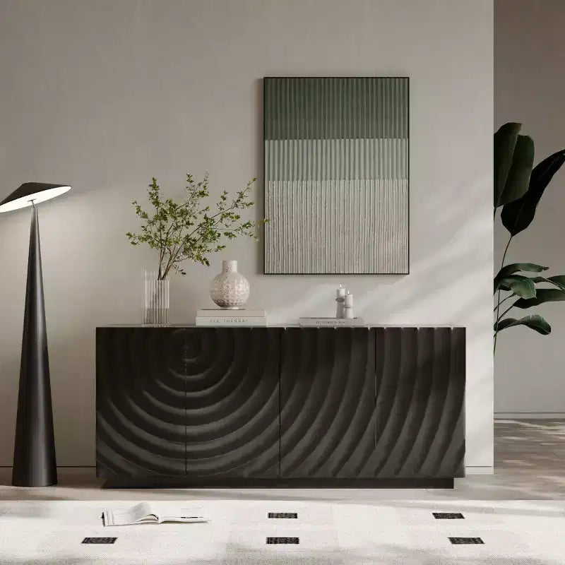 59 moderner Spiralen-Sideboard-Schrank, niedriges dekoratives Aufbewahrungsmöbel für den Eingangsbereich mit Türen in 3D-Wellenoptik