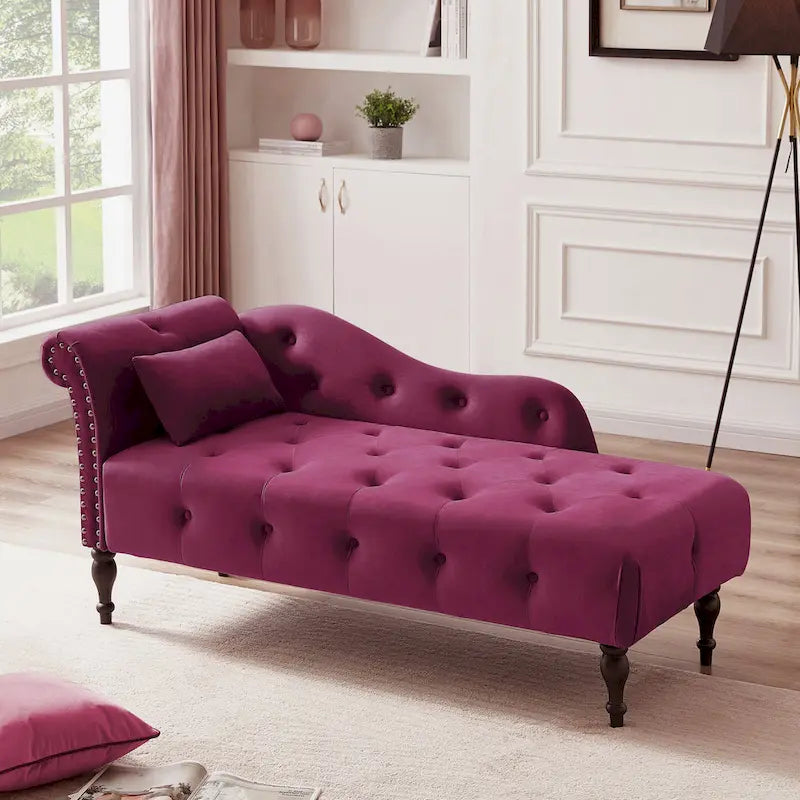 Chaise longue moderne de 60,6 po, revêtement en velours, boutons capitonnés, pieds en bois massif et clous décoratifs