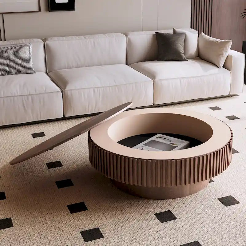 Table basse ronde moderne en bois massif plaqué avec rangement