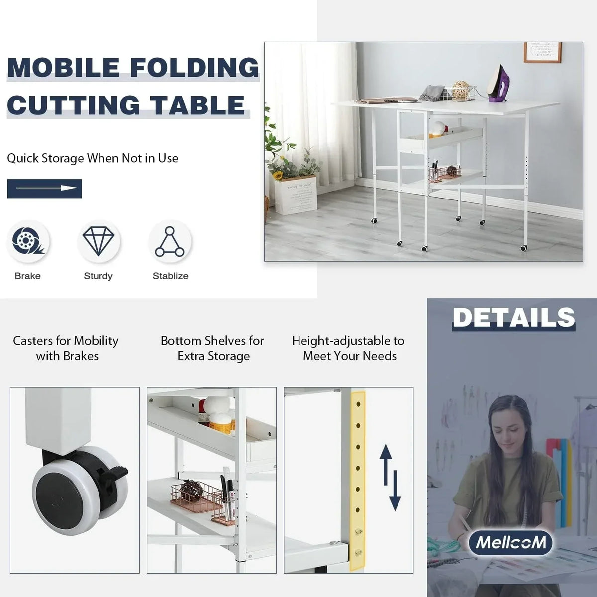 Höhenverstellbarer Basteltisch mit Ablagefächern, mobiler, klappbarer Zuschneidetisch für Homeoffice, Näh- oder Bastelzimmer