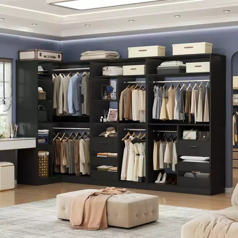 Besiost 3-teiliges Eck-Kleiderschranksystem mit Regalböden und Schubladen, freistehender Kleiderschrank-Organizer mit Kleiderstangen