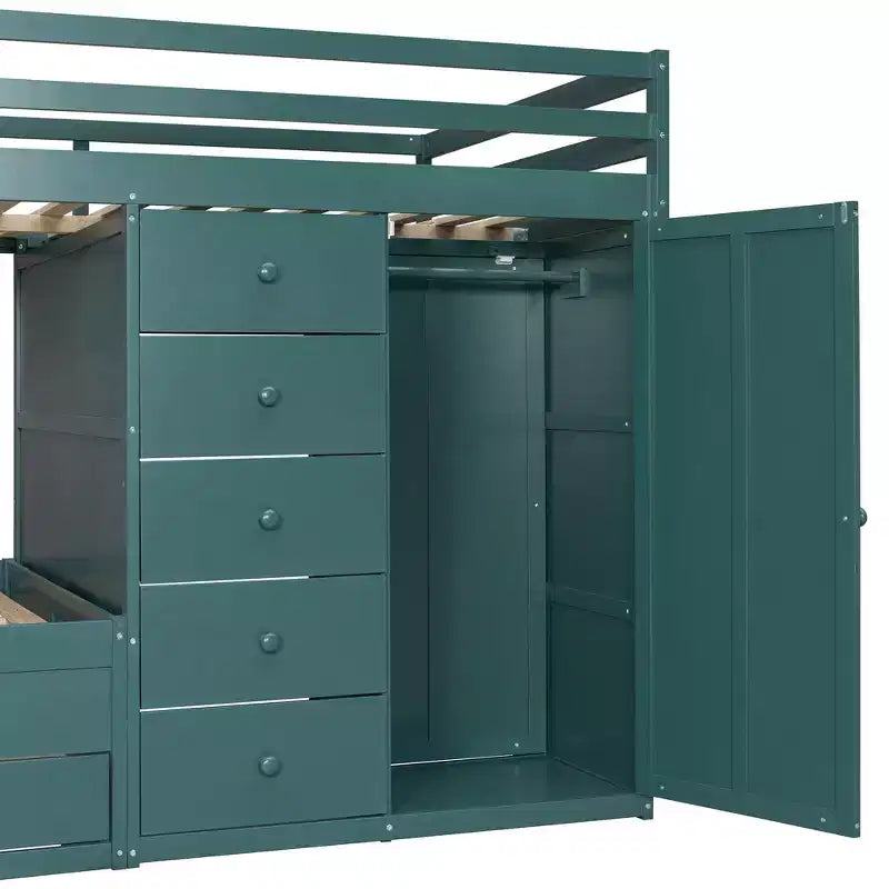 Stapelbed met twee volledige bedden, opbergkast en laden, houten ruimtebesparend stapelbed van volledig formaat met veiligheidshekje voor appartement of slaapkamer