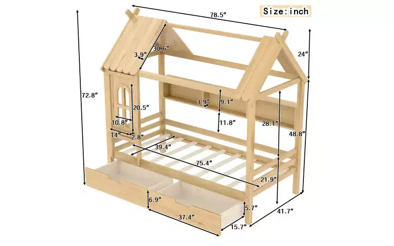 Huisbed met opbergladen en raam, frame van massief hout met planken, speels kinderdesign, lichtwit
