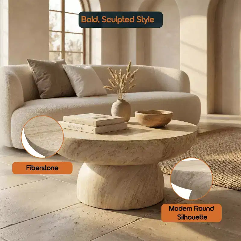 LeisureMod Lunexa runder Couchtisch, Fiberstone-Säulentisch als Akzenttisch für den Innen- und Außenbereich, skulpturales Design mit rutschfesten Fußpads