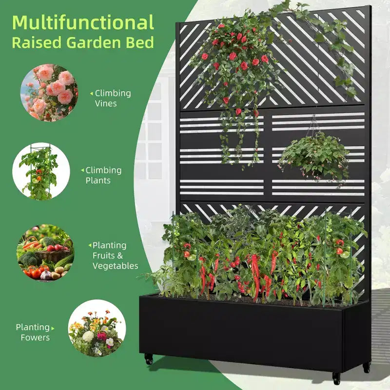 Jardinière MAYEERTY avec treillis, fer noir, lignes parallèles 01, style classique à persiennes combiné, 72x47x16 po, ensemble de 3 pièces