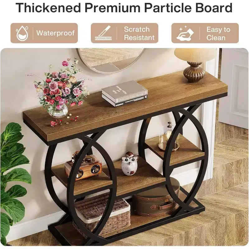 Tavolo consolle Lantine da 39,4", tavolo industriale a 4 livelli per divano e ingresso con ripiani portaoggetti e struttura in metallo per piccoli spazi, corridoio, ingresso, marrone
