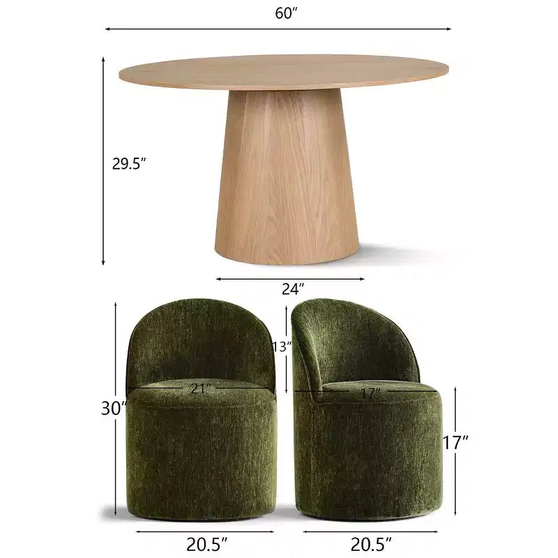 Modernes Esszimmer-Set für 6 Personen, runder Esstisch mit Säulenfuß, drehbare Fassstühle mit Rollen, Chenille-Strukturstoff – Panipeachy