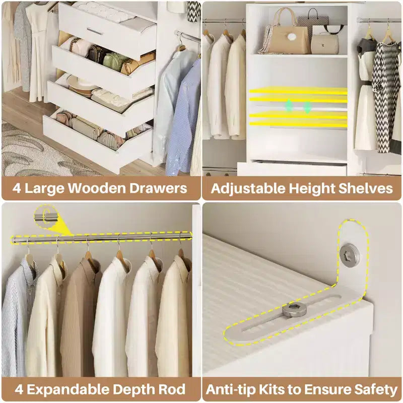 Sistema organizzatore per armadio in legno Besiost da 4-9 piedi, con 4 cassetti, 4 barre appendiabiti e moduli a ripiani