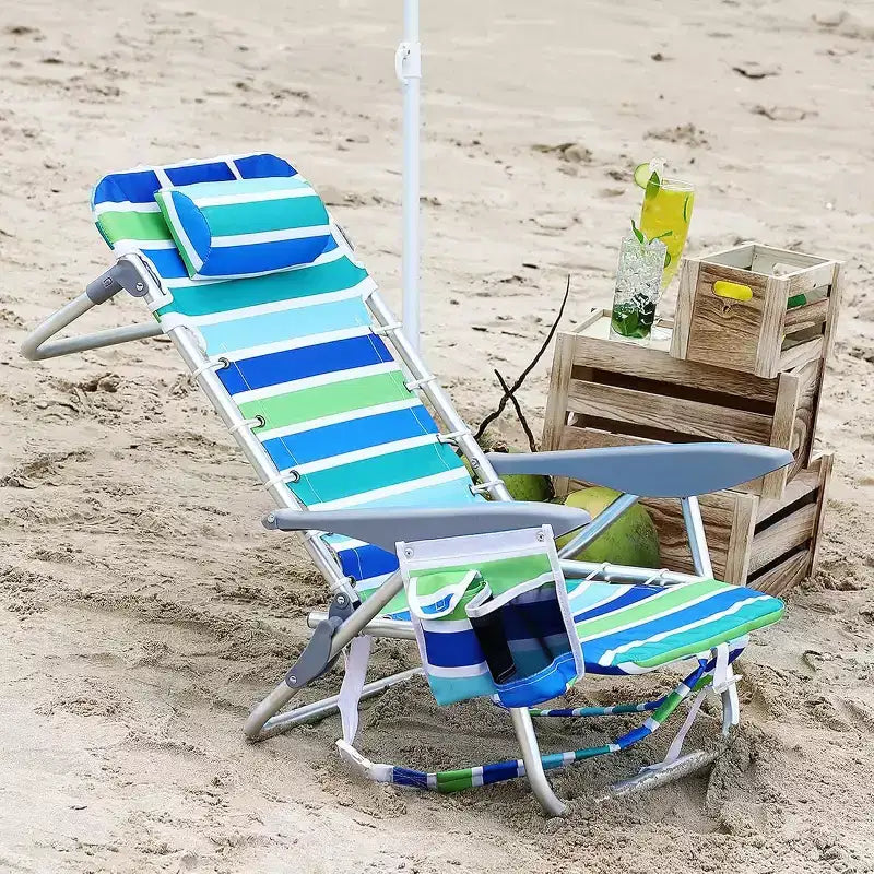 Acekool, zestaw 2 lekkich krzeseł plażowych w stylu plecaka, 5-pozycyjne składane krzesła rozkładane na płasko dla dorosłych, z paskami, uchwytem na kubek i wieszakiem na ręcznik, udźwig 300 funtów