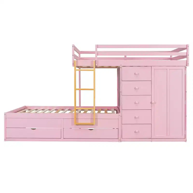 Stapelbed met twee volledige bedden, opbergkast en laden, houten ruimtebesparend stapelbed van volledig formaat met veiligheidshekje voor appartement of slaapkamer